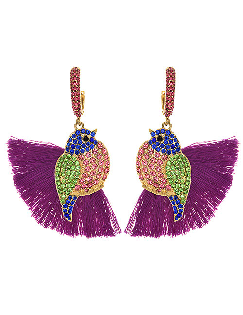 Fashion Purple + Brick Red Alloy Diamond-studded Bird Tassel Earrings