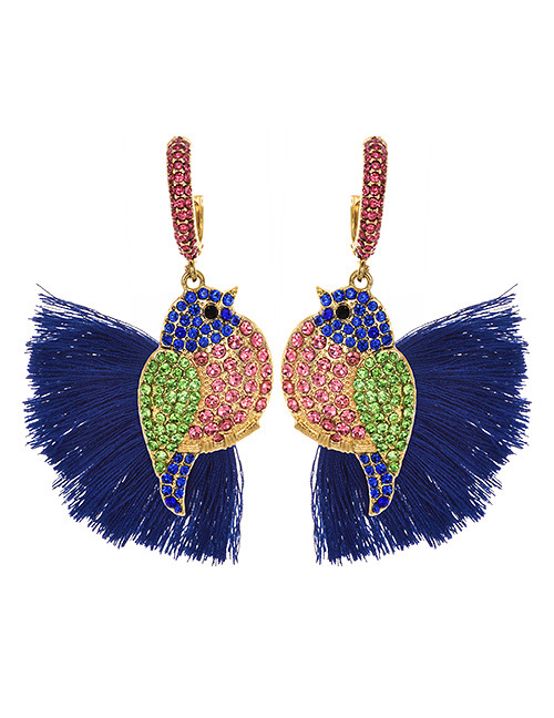 Fashion Blue + Brick Red Alloy Diamond-studded Bird Tassel Earrings