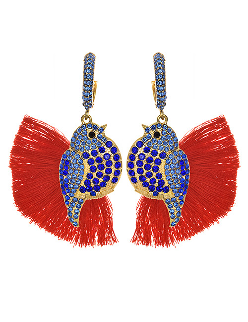 Fashion Red + Blue Alloy Diamond-studded Bird Tassel Earrings