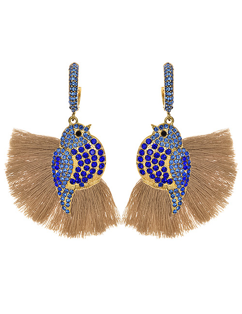 Fashion Khaki + Blue Alloy Diamond-studded Bird Tassel Earrings
