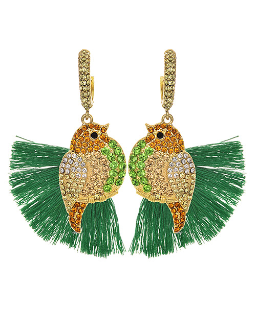 Fashion Green + Orange Alloy Diamond-studded Bird Tassel Earrings