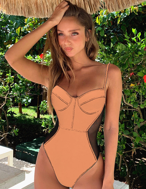 Fashion Brown Mesh One-piece Swimsuit