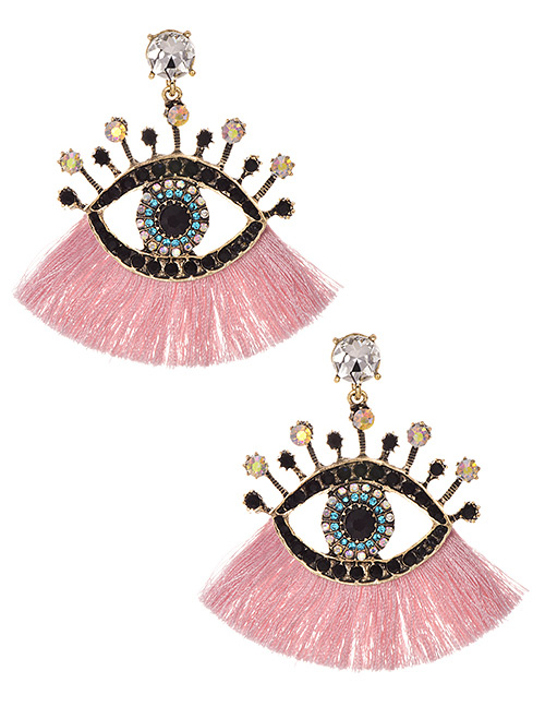 Fashion Leather Pink + White Alloy Diamond Pierced Eye Tassel Earrings