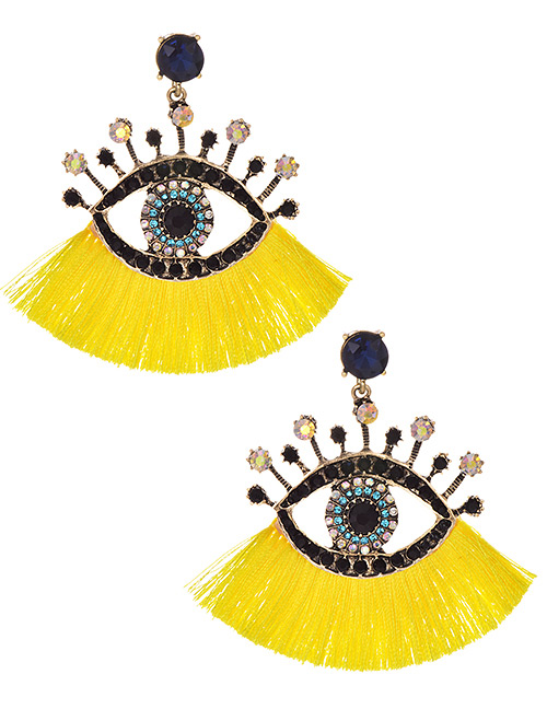 Fashion Yellow + Black Alloy Diamond Pierced Eye Tassel Earrings