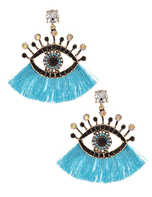 Fashion Blue + White Alloy Diamond Pierced Eye Tassel Earrings