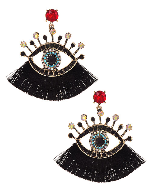 Fashion Black + Red Alloy Diamond Pierced Eye Tassel Earrings
