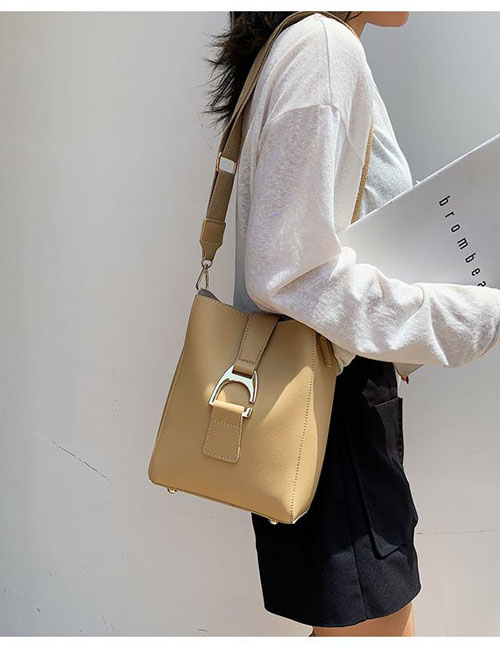 Fashion Khaki Pu One Shoulder Slung Bucket Pull Buckle Bag