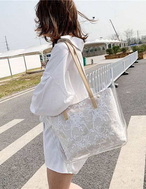 Fashion Beige Pvc Woven Shoulder Transparent Mother Bag