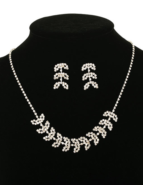 Fashion Silver Leaf Openwork Diamond Necklace Earrings Set