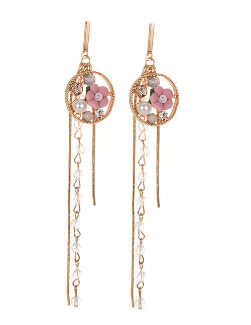 Fashion Pink Alloy Resin Flower Tassel Earrings