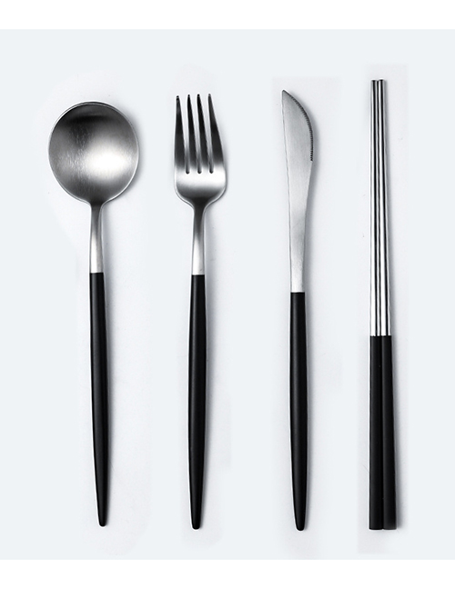 Fashion Black And Silver Set Of 4 (cutlery Spoon + Chopsticks) 304 Stainless Steel Cutlery Cutlery Set