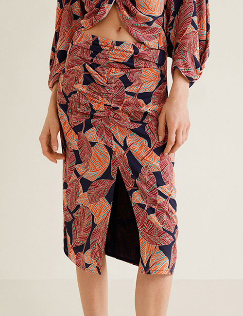 Fashion Color Leaf Print Wrinkled Skirt