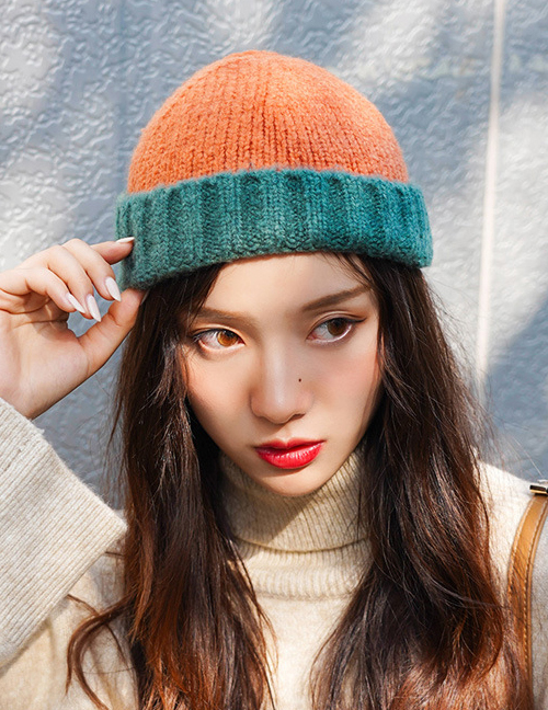 Fashion Color Matching Orange + Dark Green Knitted Color Matching Cuffed Melon Fur Line Parent-child Cap