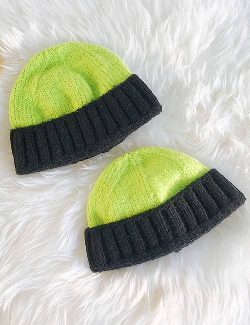 Fashion Color Matching Green + Black Knitted Color Matching Cuffed Melon Fur Line Parent-child Cap