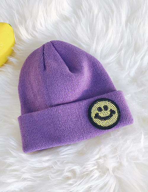 Fashion Smiley Purple Knitted Wool Sequin Cap