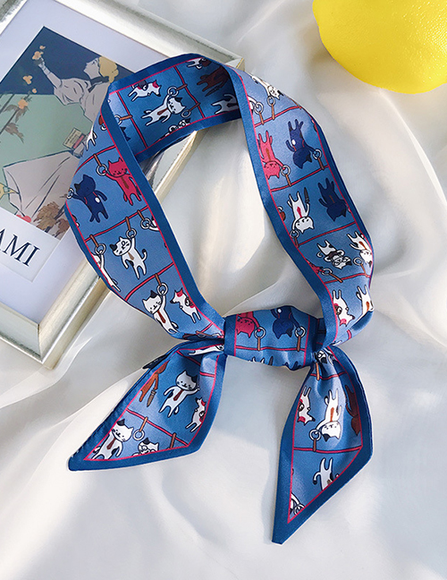 Fashion Angled Cat Blue Cat Print Small Scarf