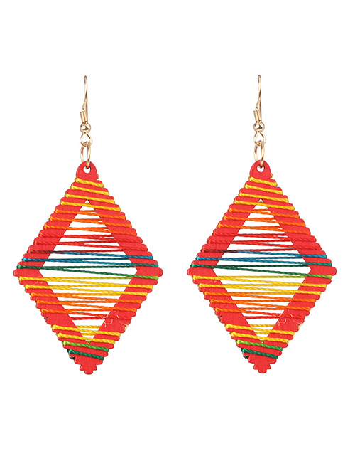Fashion Diamond Red Geometric Wooden Winding Rainbow Line Earrings