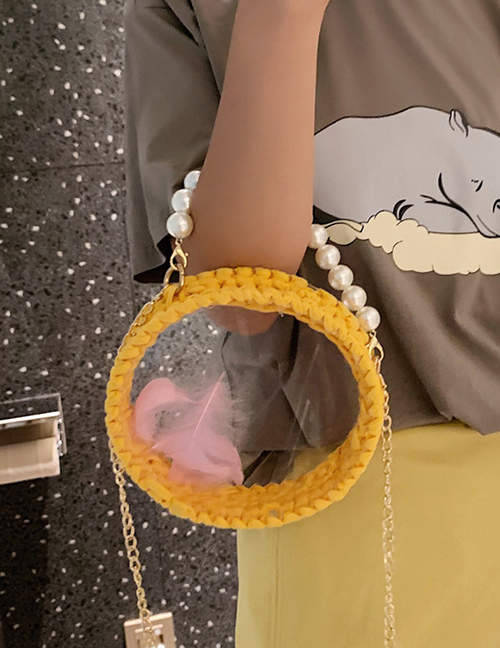 Fashion Yellow Transparent Round Crochet Yarn Pearl Portable Cross Shoulder Bag