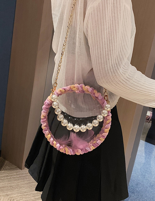 Fashion Purple Transparent Round Crochet Yarn Pearl Portable Cross Shoulder Bag