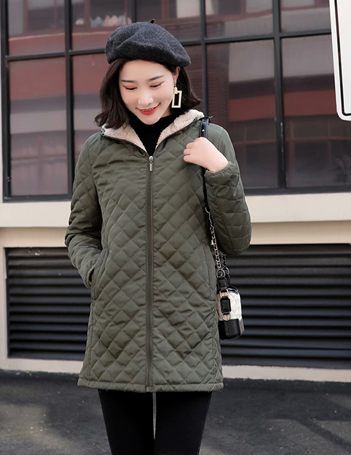 Fashion Armygreen Hooded Warm Lambskin Long-sleeved Cotton Coat