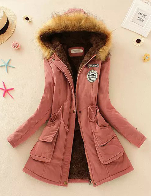 Fashion Dark Pink Thickened Hooded Long Fur Collar Lamb Fluffy Drawstring Cotton Coat