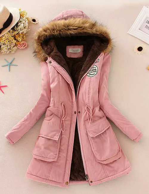 Fashion Bright Pink Thickened Hooded Long Fur Collar Lamb Fluffy Drawstring Cotton Coat