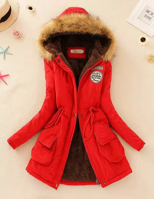 Fashion Big Red Thickened Hooded Long Fur Collar Lamb Fluffy Drawstring Cotton Coat