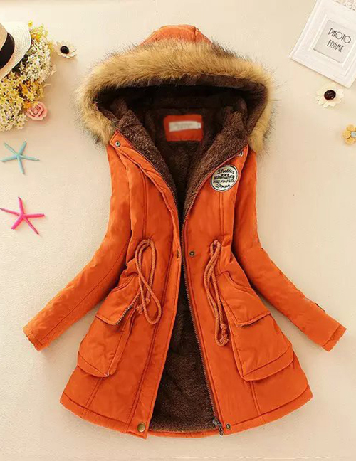 Fashion Orange Thickened Hooded Long Fur Collar Lamb Fluffy Drawstring Cotton Coat