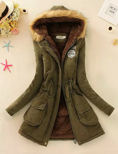Fashion Armygreen Thickened Hooded Long Fur Collar Lamb Fluffy Drawstring Cotton Coat