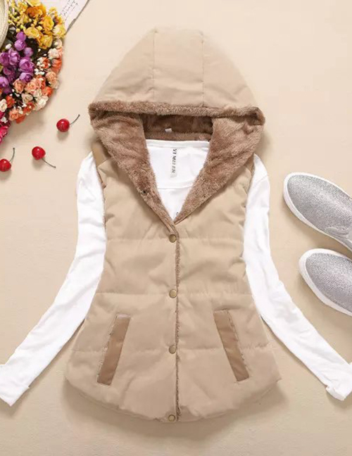 Fashion Khaki Thickened And Velvet Hooded Cotton Vest
