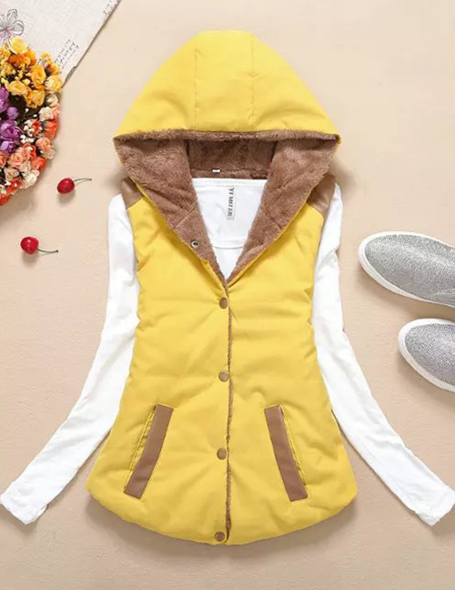 Fashion Yellow Thickened And Velvet Hooded Cotton Vest