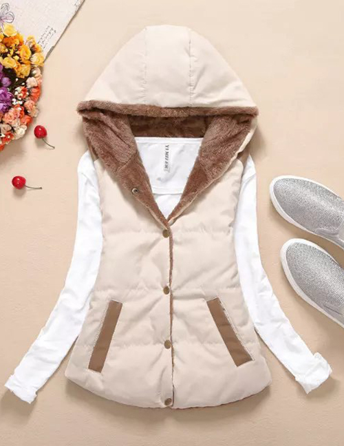 Fashion Beige Thickened And Velvet Hooded Cotton Vest