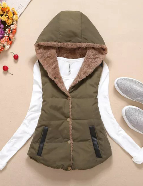 Fashion Armygreen Thickened And Velvet Hooded Cotton Vest