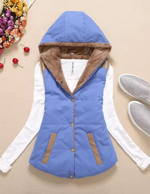Fashion Blue Thickened And Velvet Hooded Cotton Vest