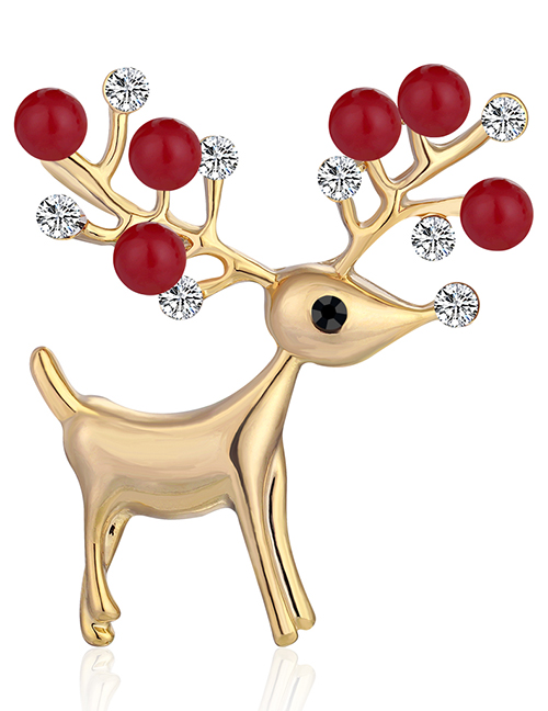 Fashion Red Alloy Diamond Pearl Christmas Deer Brooch