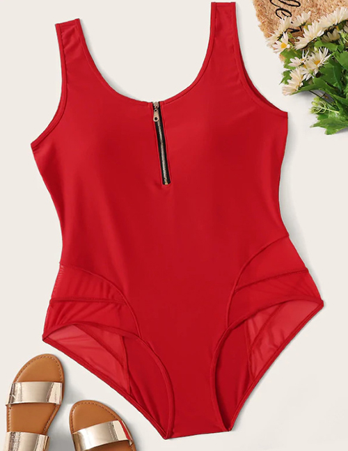 Fashion Red Zipper One-piece Swimsuit