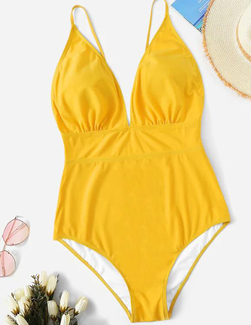 Fashion Yellow Solid Color One-piece Swimsuit