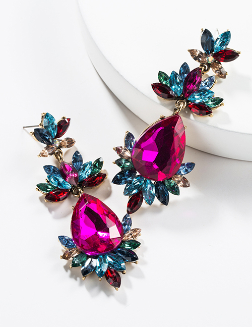 Fashion Rose Red Drop-shaped Multi-layer Acrylic Diamond Flower Earrings