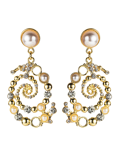 Fashion Gold Alloy Diamond And Pearl Spiral Earrings
