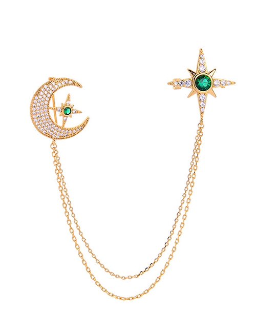 Fashion Green Star And Moon Asymmetric Double Brooch
