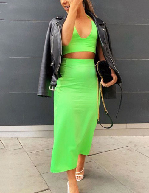 Fashion Fluorescent Green Strap Hanging Neck Two-piece Skirt