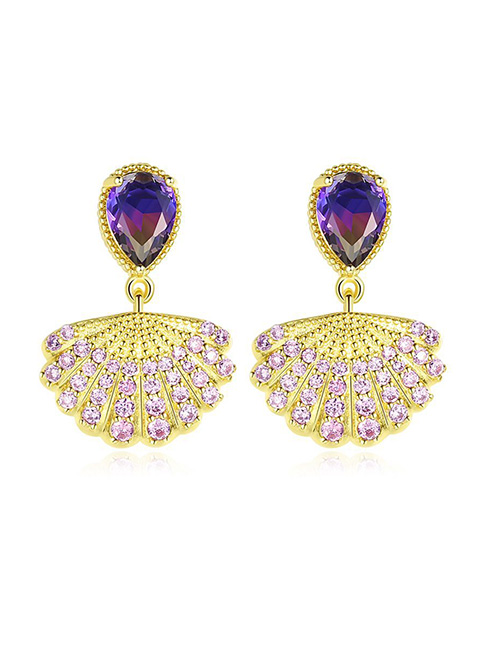 Fashion Purple Shell-shaped Copper-studded Zircon Earrings