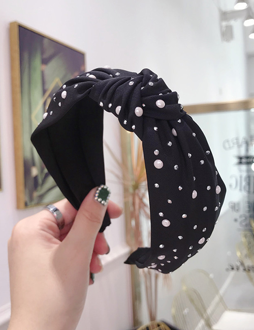 Fashion Black Hot Drilling Pearl Knotted Wide-brimmed Headband