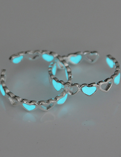 Fashion Silver + Blue Green Hollow Love Light Adjustable Ring