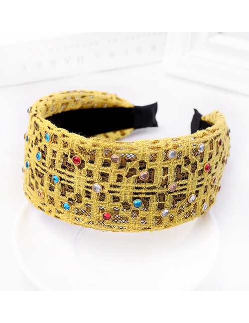Fashion Yellow Lace Color Diamond Headband Lace Gauze Fabric Headband With Color Diamond Wide-brimmed Headband