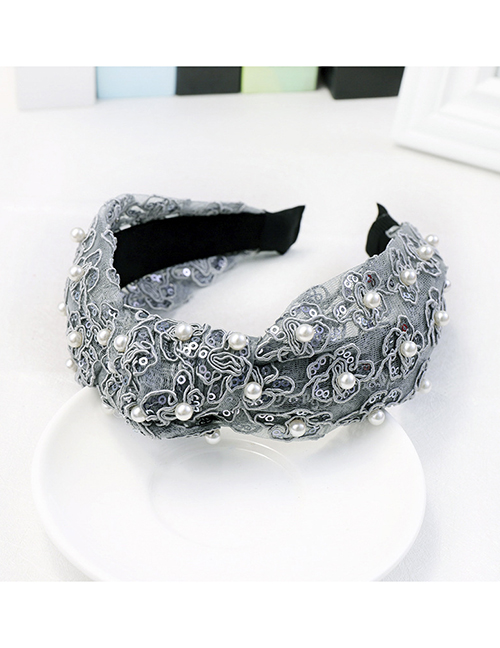 Fashion Grey Lace Pearl Headband Pearl Lace Fabric Headband