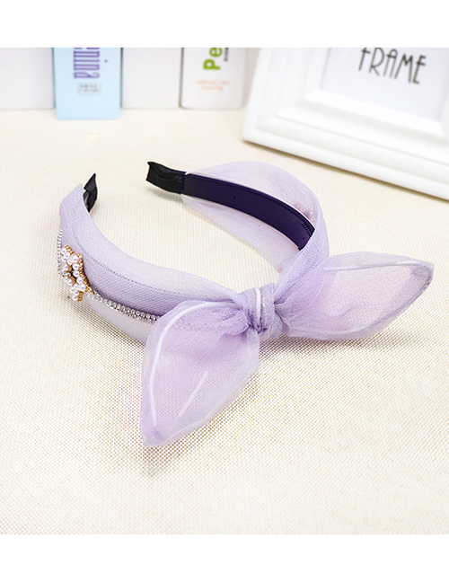 Fashion Purple Mesh With Diamonds Rabbit Ears Headband Lace Silk Gauze With Diamond Pearl Bow Rabbit Ears Headband