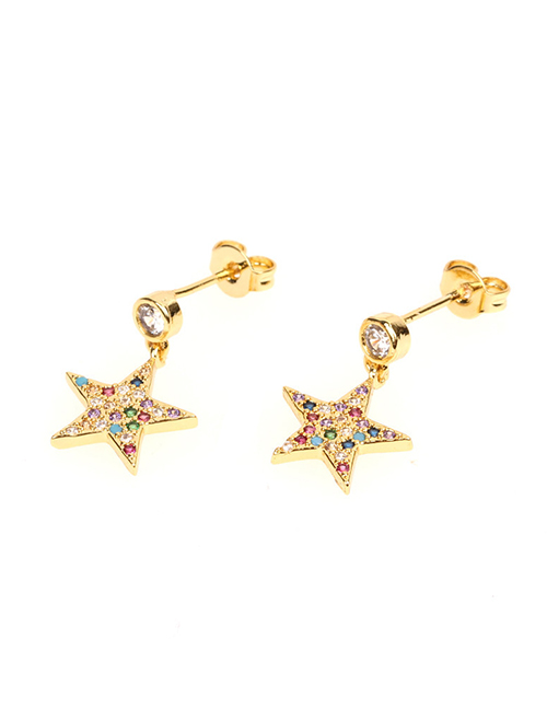 Fashion Gold Color Pentagram Micro-inlaid Colored Zircon Earrings