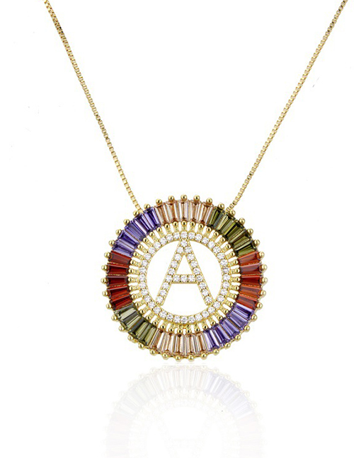 Fashion A Gold Colorful English Alphabet Gold-plated Round Zircon Necklace