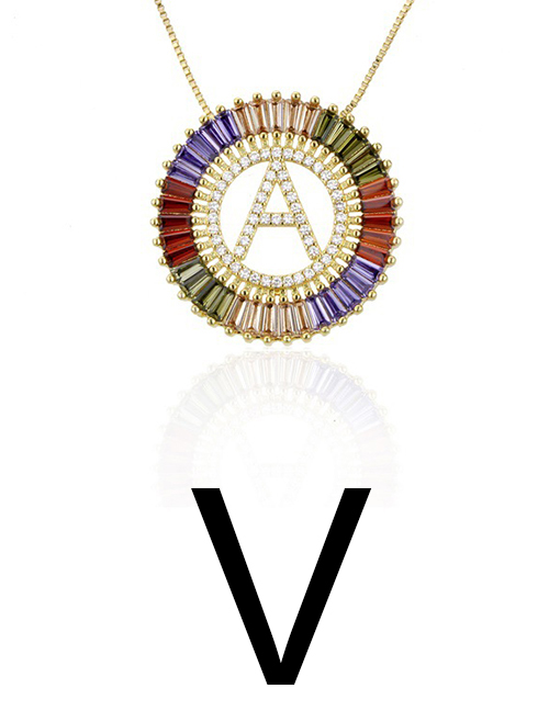 Fashion V Gold Colorful English Alphabet Gold-plated Round Zircon Necklace